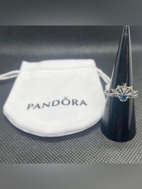 Pandora Silver Ring with Aqua Blue Stone and Clear Accents